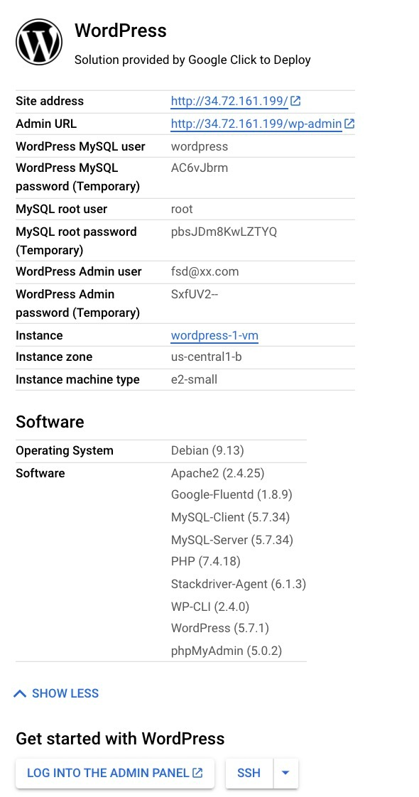 Deployed instance details